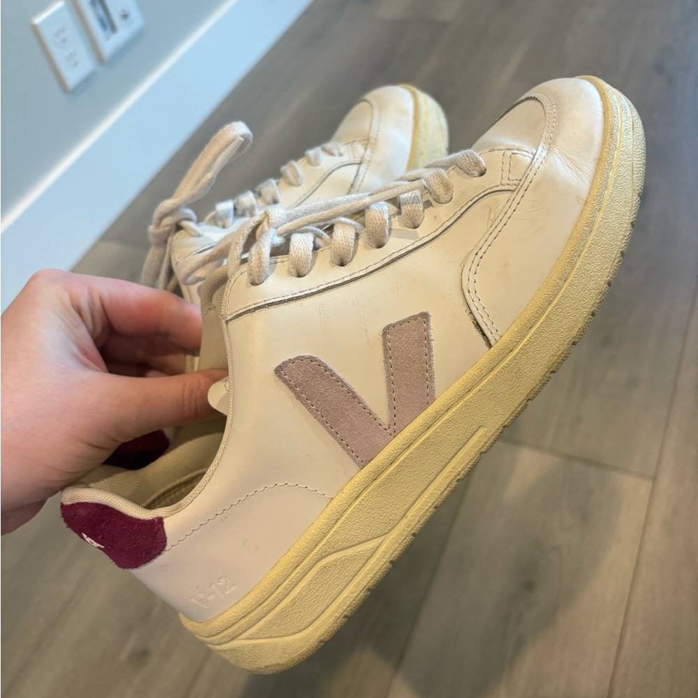 Veja White Sneakers with Pink Suede V and Burgundy Heel